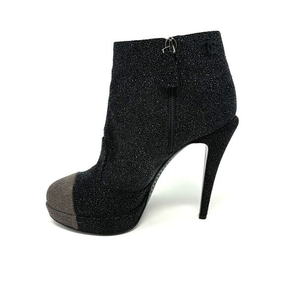 CHANEL Shoes - CHANEL Black Grey Glitter Leather Heel Booties Size 37 CC Logo